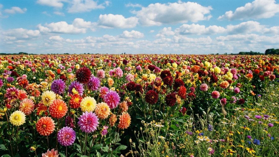 Paysage grand angle d'un champ multicolore de dahlias sous ciel bleu