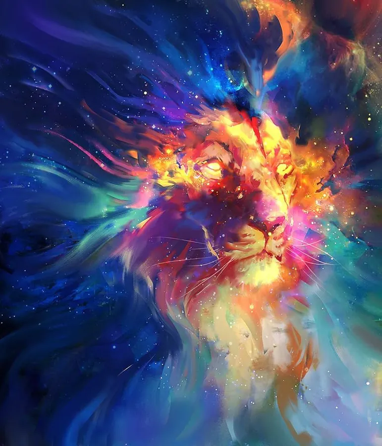 A breathtaking galaxy lion digital painting illustrates a lion with fiery eyes against a vibrant rainbow galaxy backdrop.