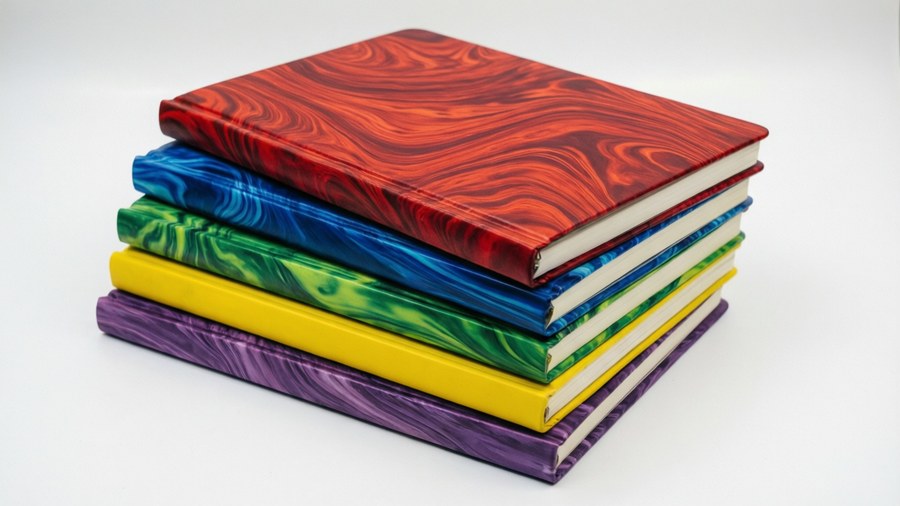 Colorful stack of composition notebooks creating a rainbow gradient