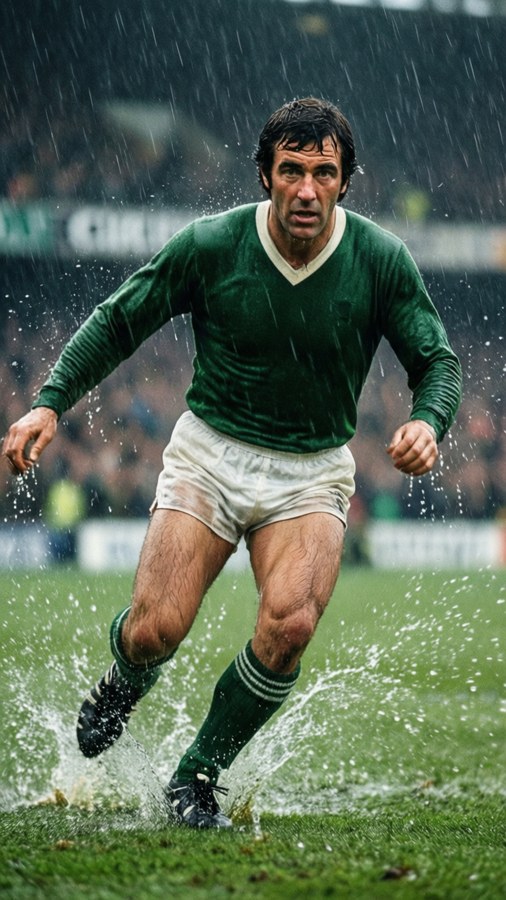 George Best playing football in the rain, cinematic scene