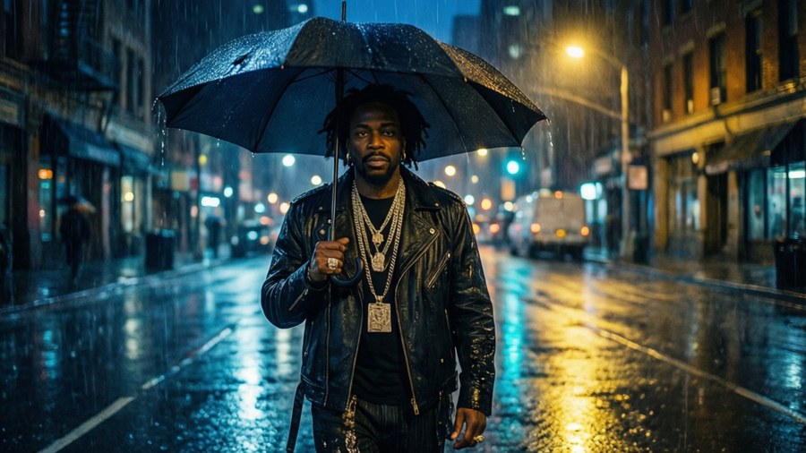 Pharoahe Monch in a rainy city street at night.