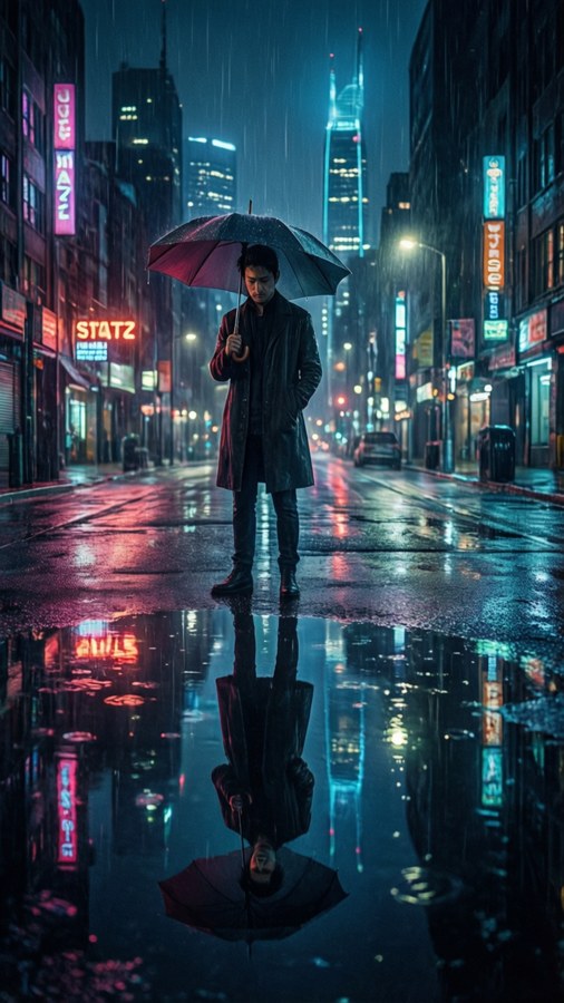 Satotz reflected in a puddle on a rainy night.