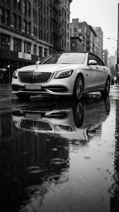 Artistic reflection of a white Maybach Landaulet in a rainy puddle.