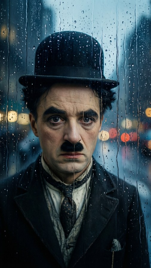 A melancholic reflection of Charlie Chaplin in a rain-soaked window with city lights.