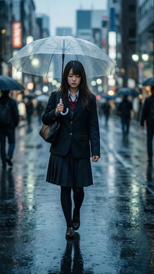 Honoka Sawada under ett paraply i regn med reflektioner och blå toner.