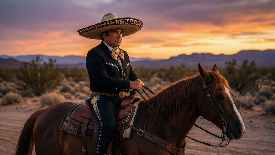 Vicente Fernandez on horseback at sunset, evoking his ranchera music roots, wide cinematic view.