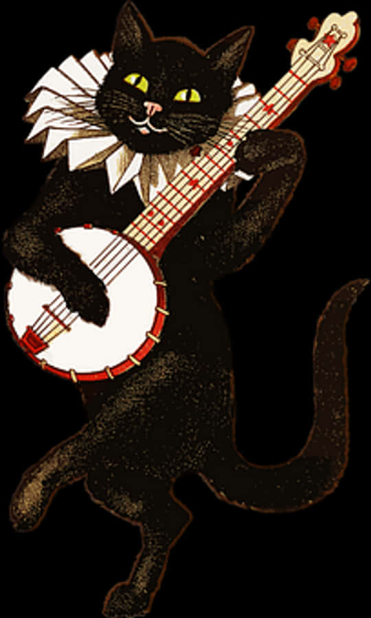 Animated Black Cat Playing Banjo