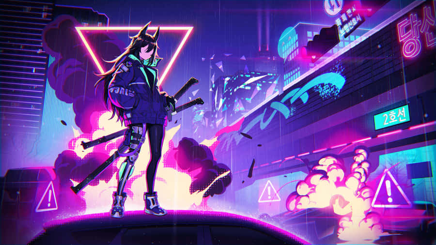 Cyberpunk Anime-Mädchen in Neon-Stadtlandschaft