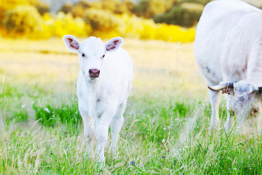 Weißes Kalb auf der Wiese mit Mutter