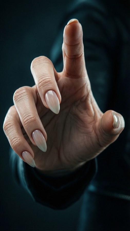 Nahaufnahme von M3gans ausgestreckter Hand, scharfe Nägel, realistische Textur.