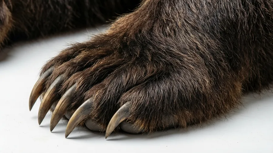 Close-up of a brown bear's paw with sharp claws on white background.