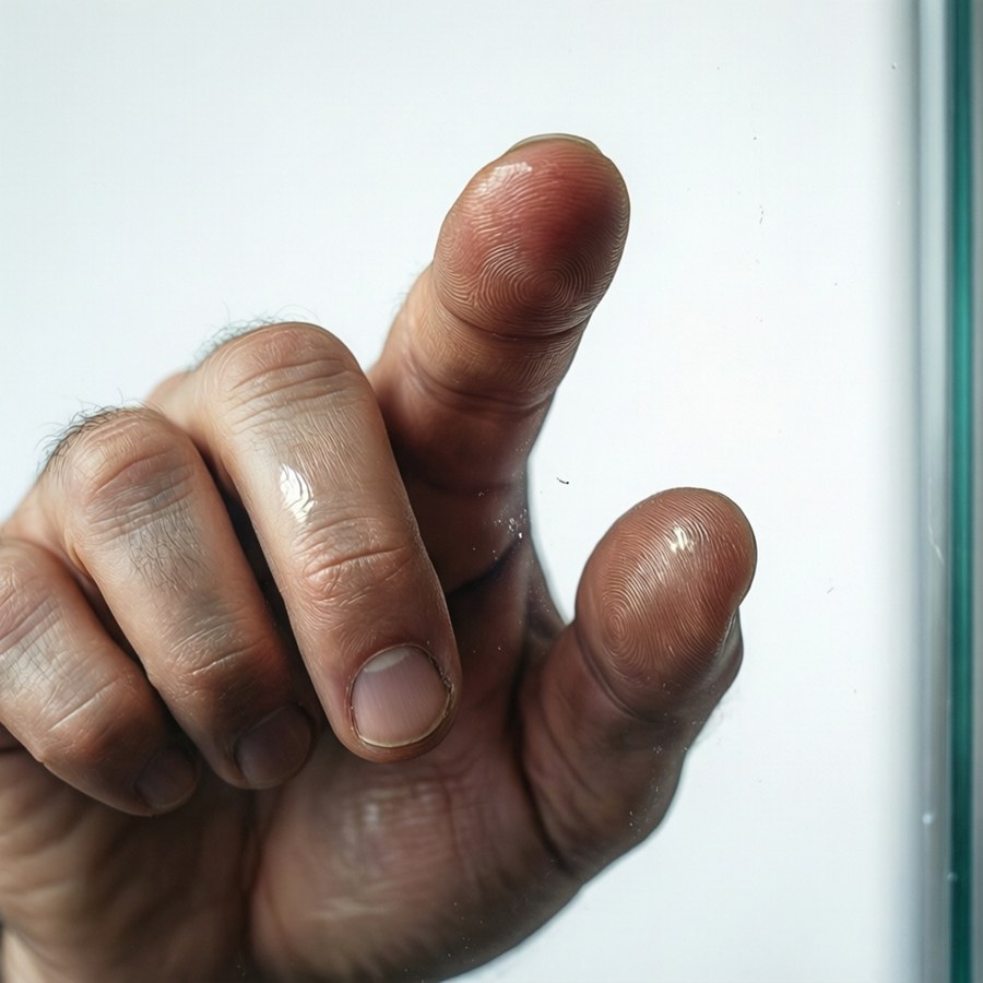 A macro-style hand pointer with fingerprints and reflections on white.