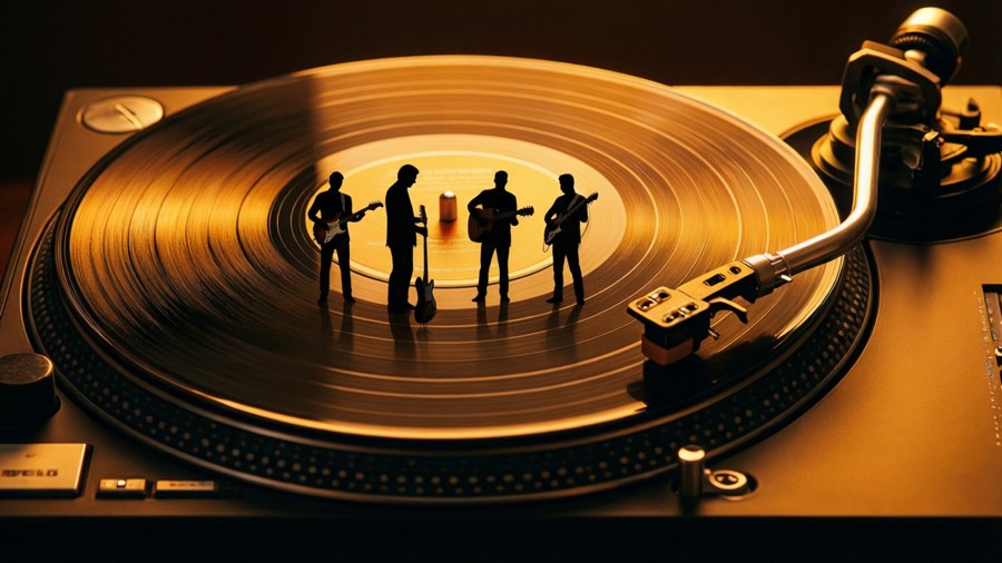 Silhouettes of the Ink Spots with instruments backlit by a record player.