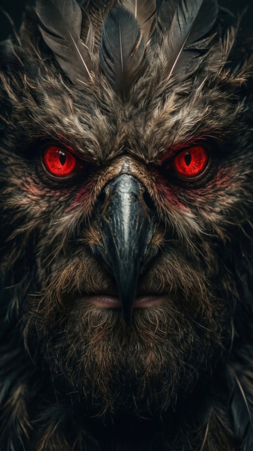 Close-up of Mothman with intense glowing red eyes