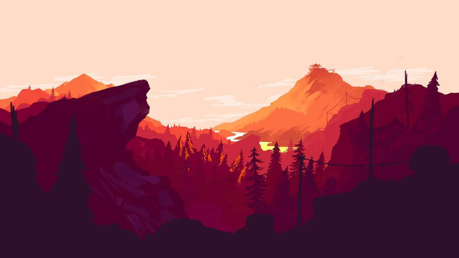 Firewatch rock cliff and forest trees in red shades wallpaper