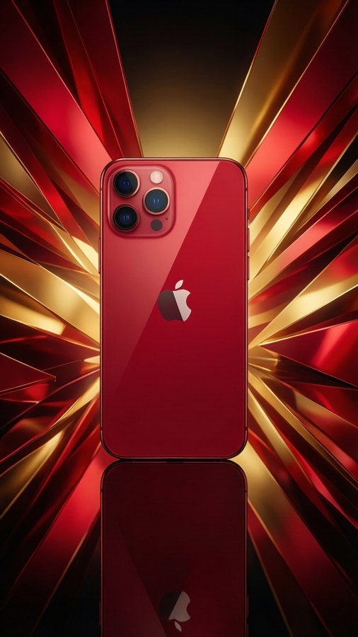 iPhone 17 product red with geometric gradient background.