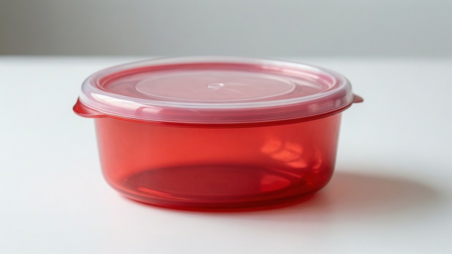Rød plastik madbeholder med klart låg på hvid overflade