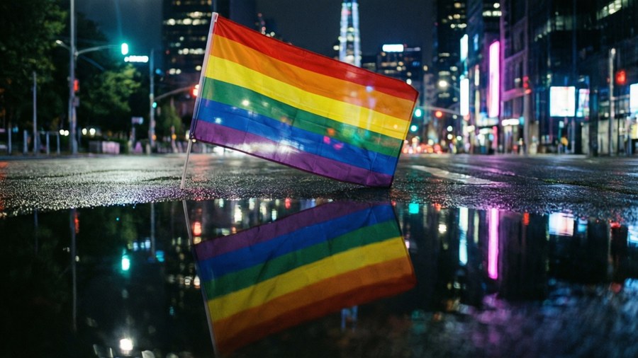 Pride flag reflection in a puddle with city lights