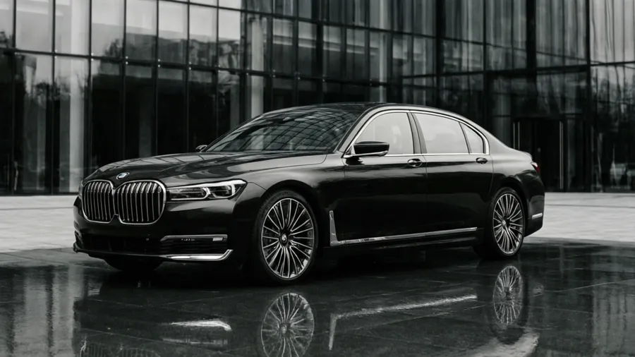 A black BMW 7 Series reflected in polished floor in front of a glass building, monochrome.