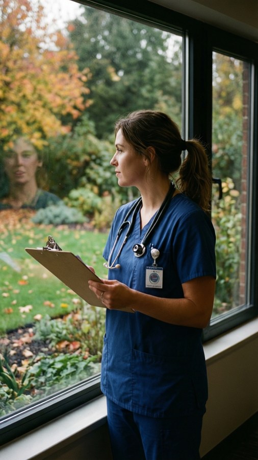 A pediatric nurse takes a quiet moment by a window overlooking a serene garden.