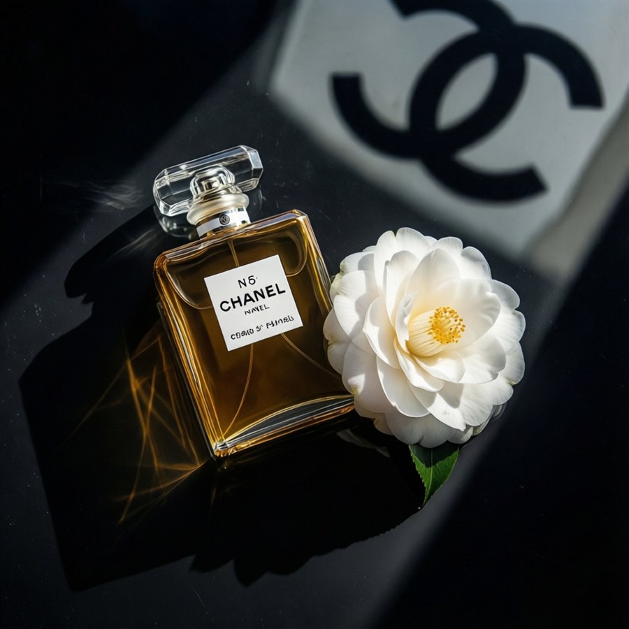 Top view Chanel No. 5 bottle and camellia on black reflective