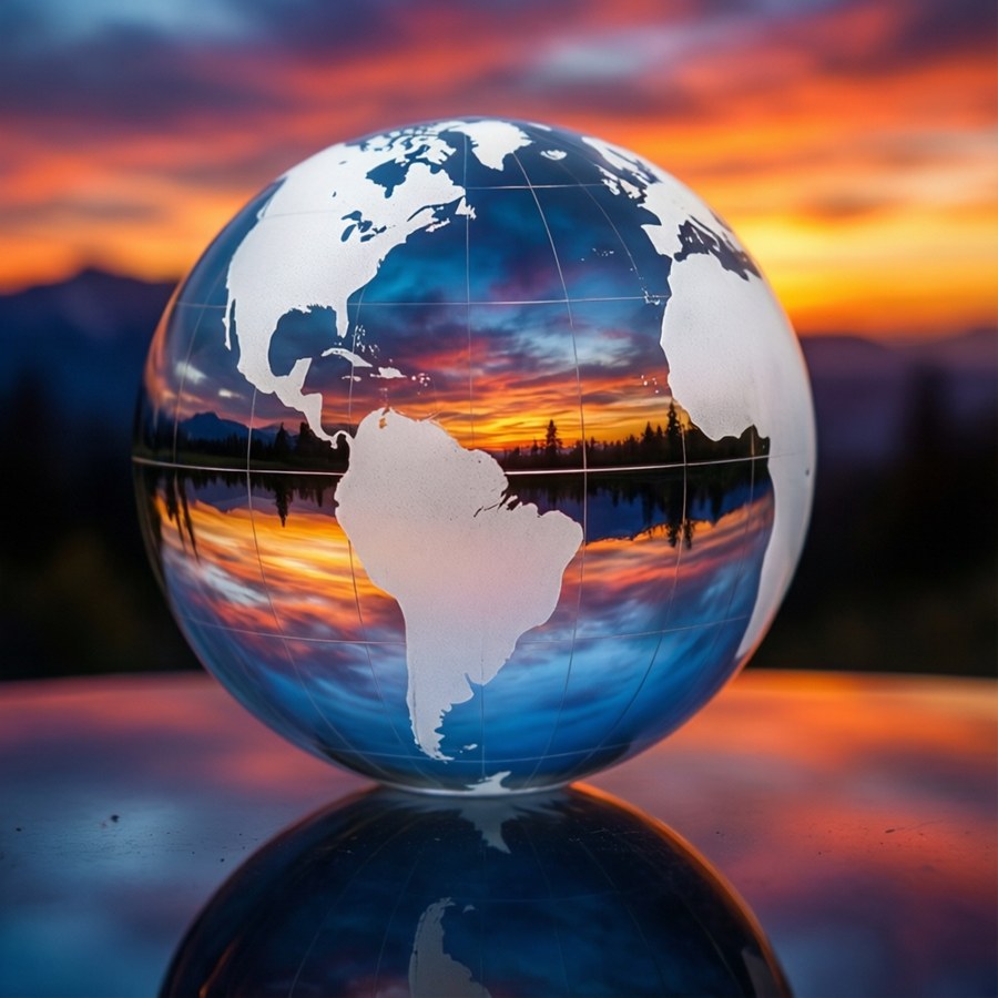 A mirror-finished white globe reflecting a sunset landscape.
