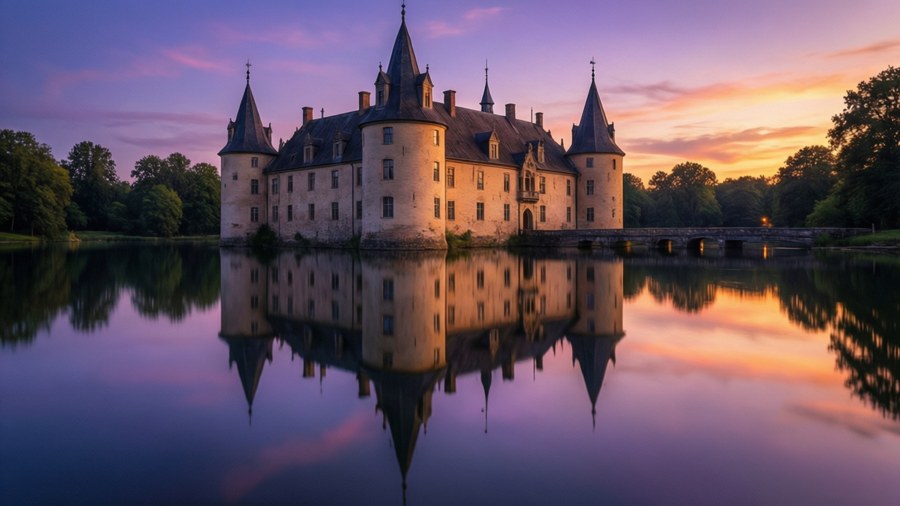 Castillo Jioral reflejado en un lago tranquilo al atardecer.