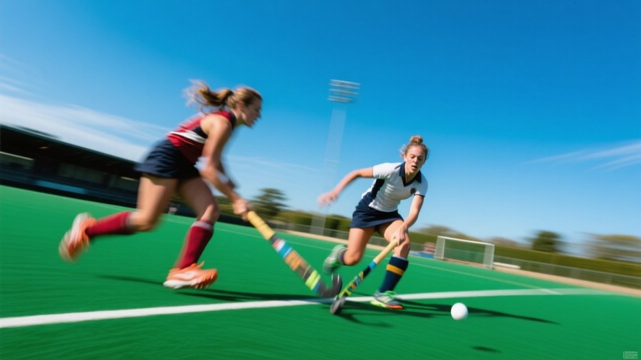 Toma de acción de un jugador de hockey sobre césped regateando a un oponente.