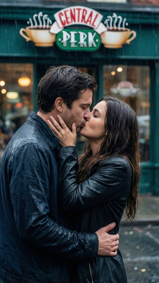 Romantische regenkus tussen Ross en Rachel van Friends.