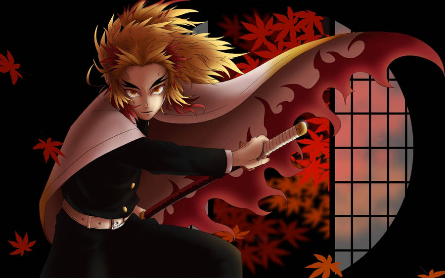 Download Rengoku Digital Art With Red Leaves Wallpaper Wallpapers Com