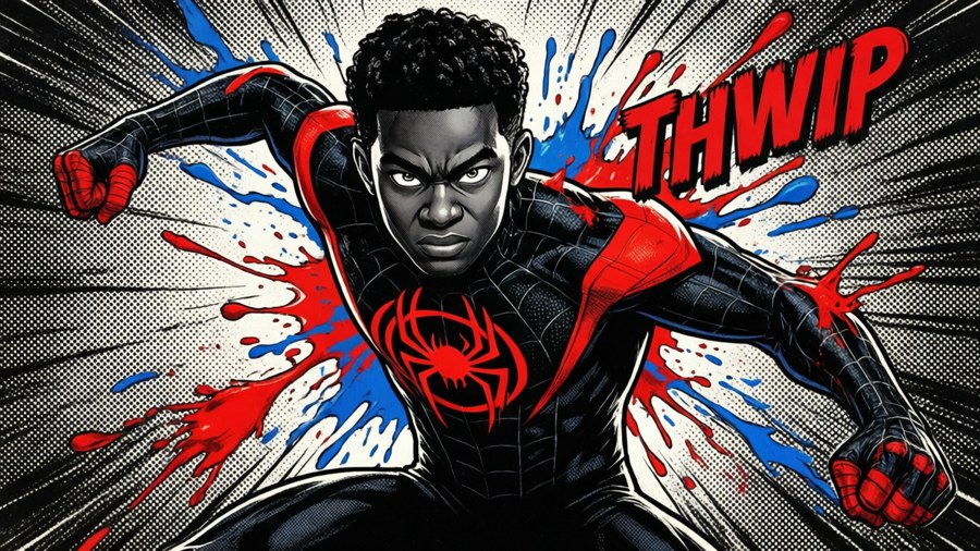 Miles Morales in a classic black and white comic with color accents.