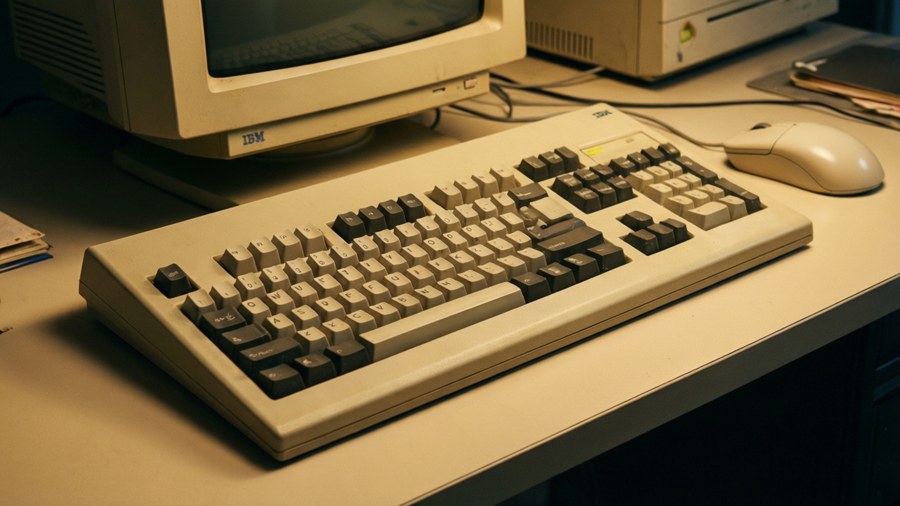 A nostalgic wallpaper with an IBM-style keyboard and ball mouse, evoking 80s computing.