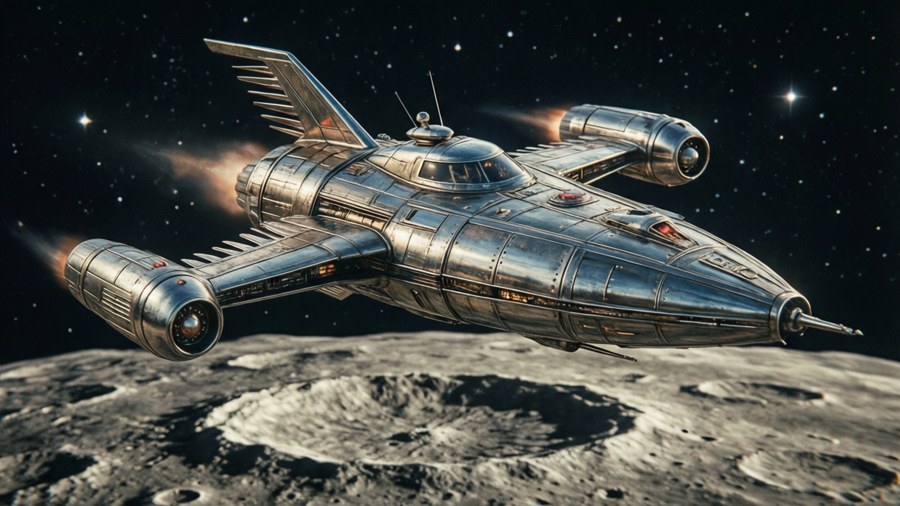 A vintage 1950s-style spaceship flying over the moon.