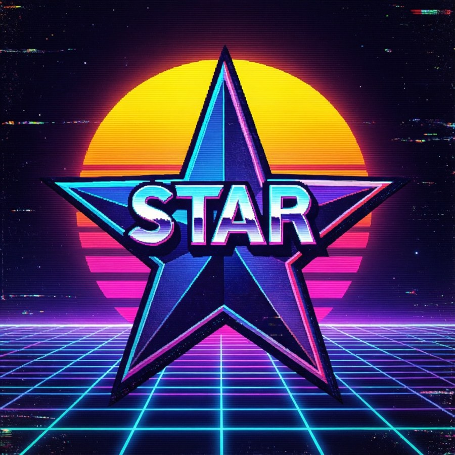 An 80s style All Star star logo with neon grid and synthwave colors.