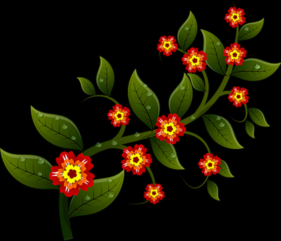 Red Flowers Dew Drops Dark Background