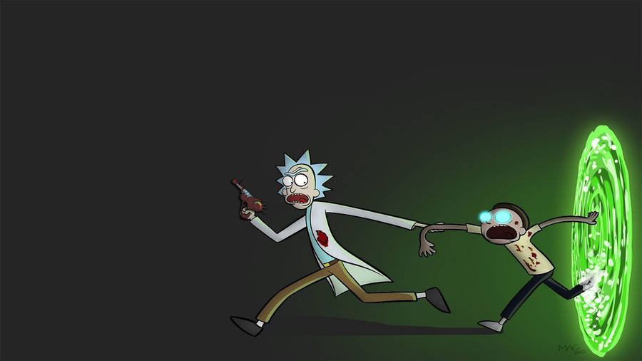 Rick and Morty escaping from a green portal animated HD wallpaper
