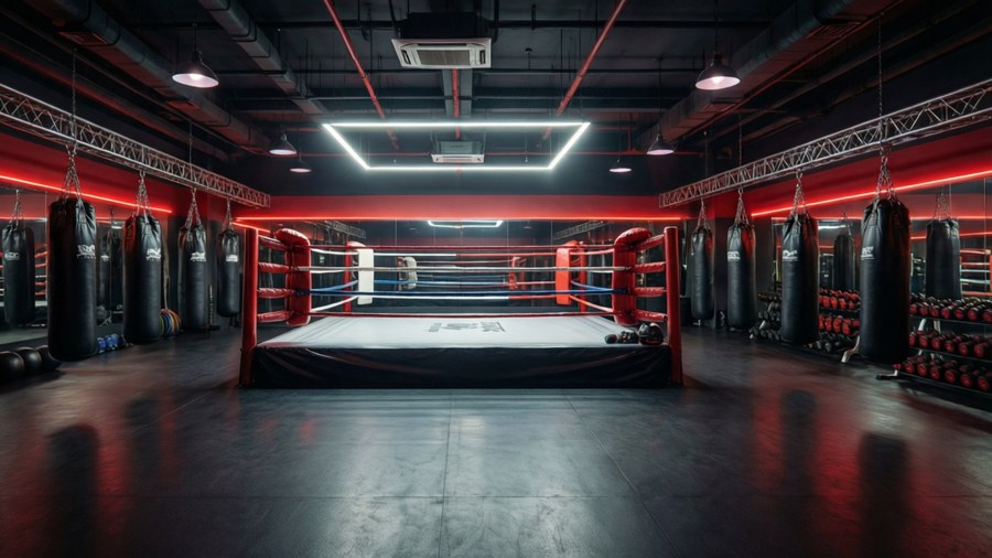 A boxing-themed gym with a ring and heavy bags in red and black