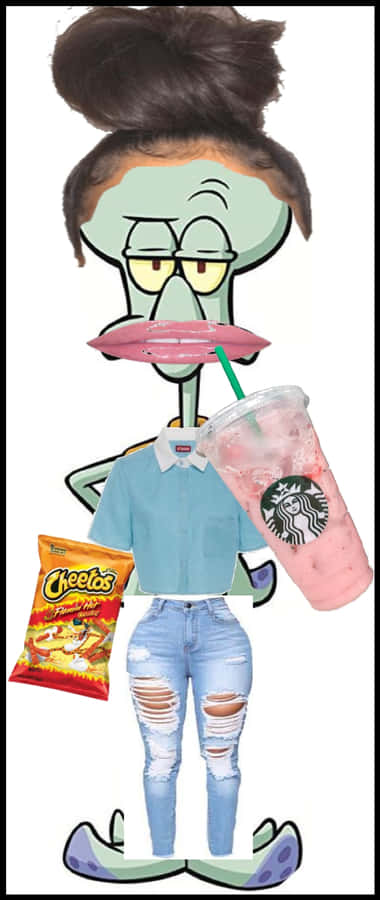 Squidward Baddie con Starbucks e Cheetos