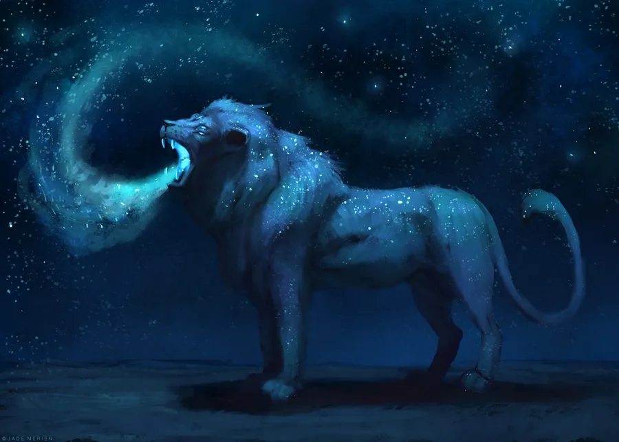 A powerful galaxy lion wallpaper depicting a blue lion roaring fiercely as cyan light glows out of its mouth with a galaxy background.