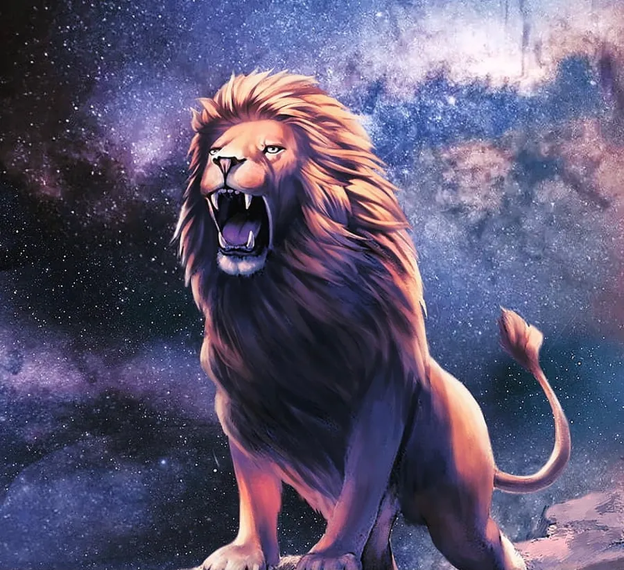 A stunning galaxy lion wallpaper showcases a roaring lion with a spectacular galaxy graphic in the background, created through digital illustration.