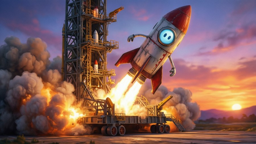 A Kerbal blasts off in a homemade rocket during a colorful sunset.