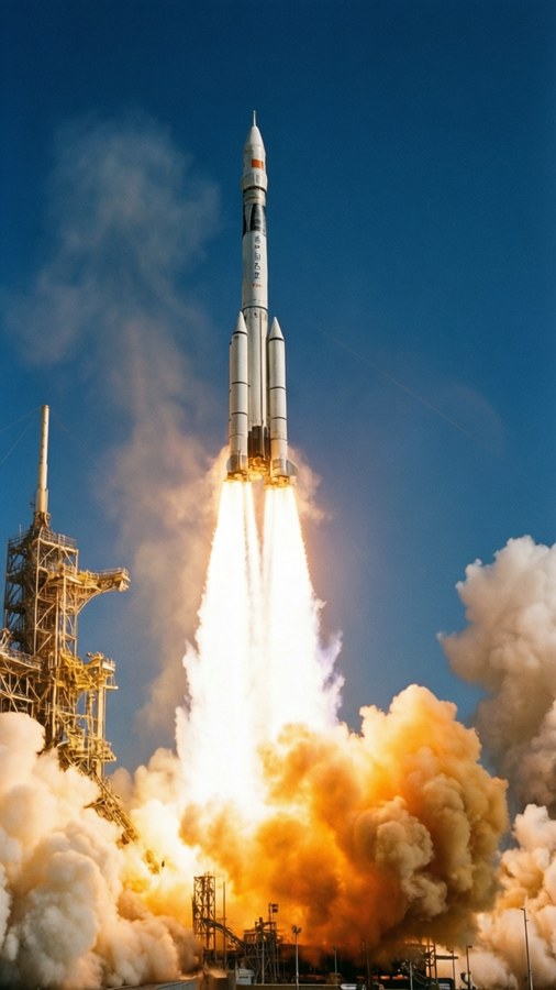 Rocket with powerful boost flames during launch.