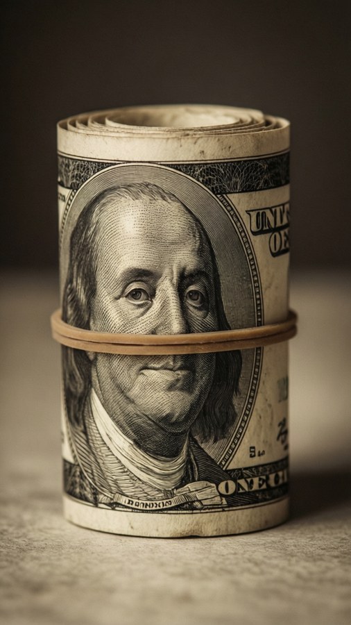 A rolled $100 bill with rubber band in sepia.