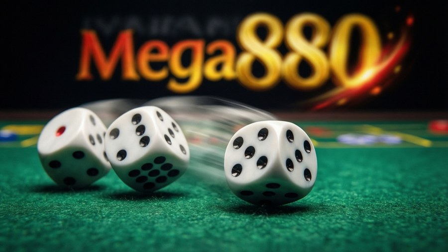 A dynamic wallpaper of rolling dice on felt with Mega888 branding.