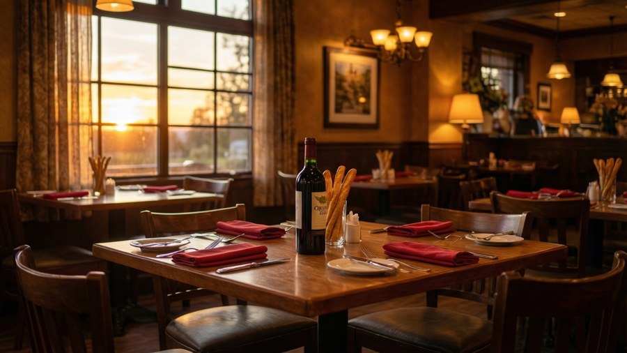 Cozy Olive Garden interior with wine and breadsticks for a romantic evening.