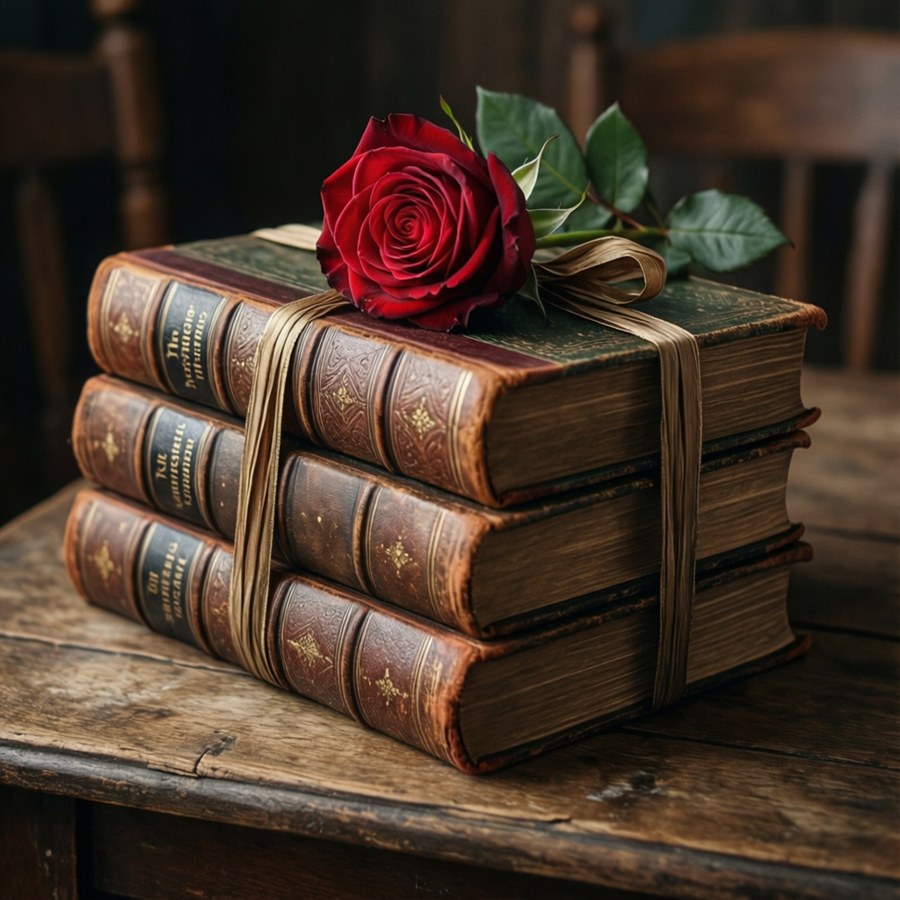 A stack of old dictionaries tied with ribbon and a rose.