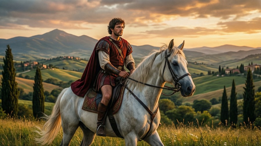 Romeo che cavalca attraverso la campagna al tramonto, paesaggio epico.