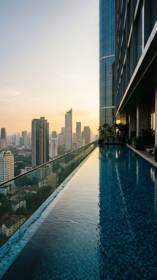 Luxury rooftop infinity pool overlooking Jakarta skyline at sunset.