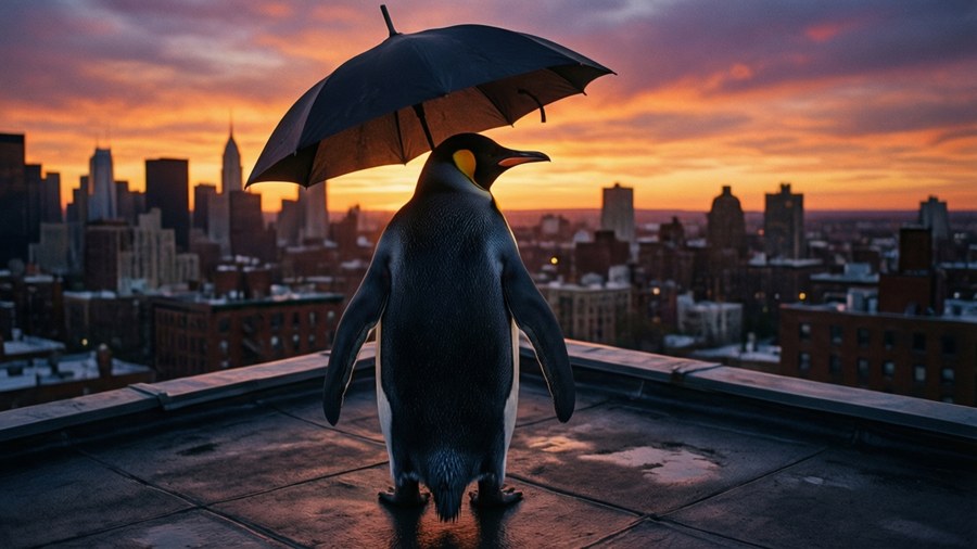 Burgess Meredith as the Penguin on a rooftop at sunset, silhouette.