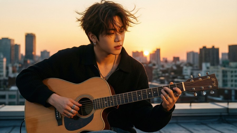 Chanwoo playing guitar at sunset on a rooftop